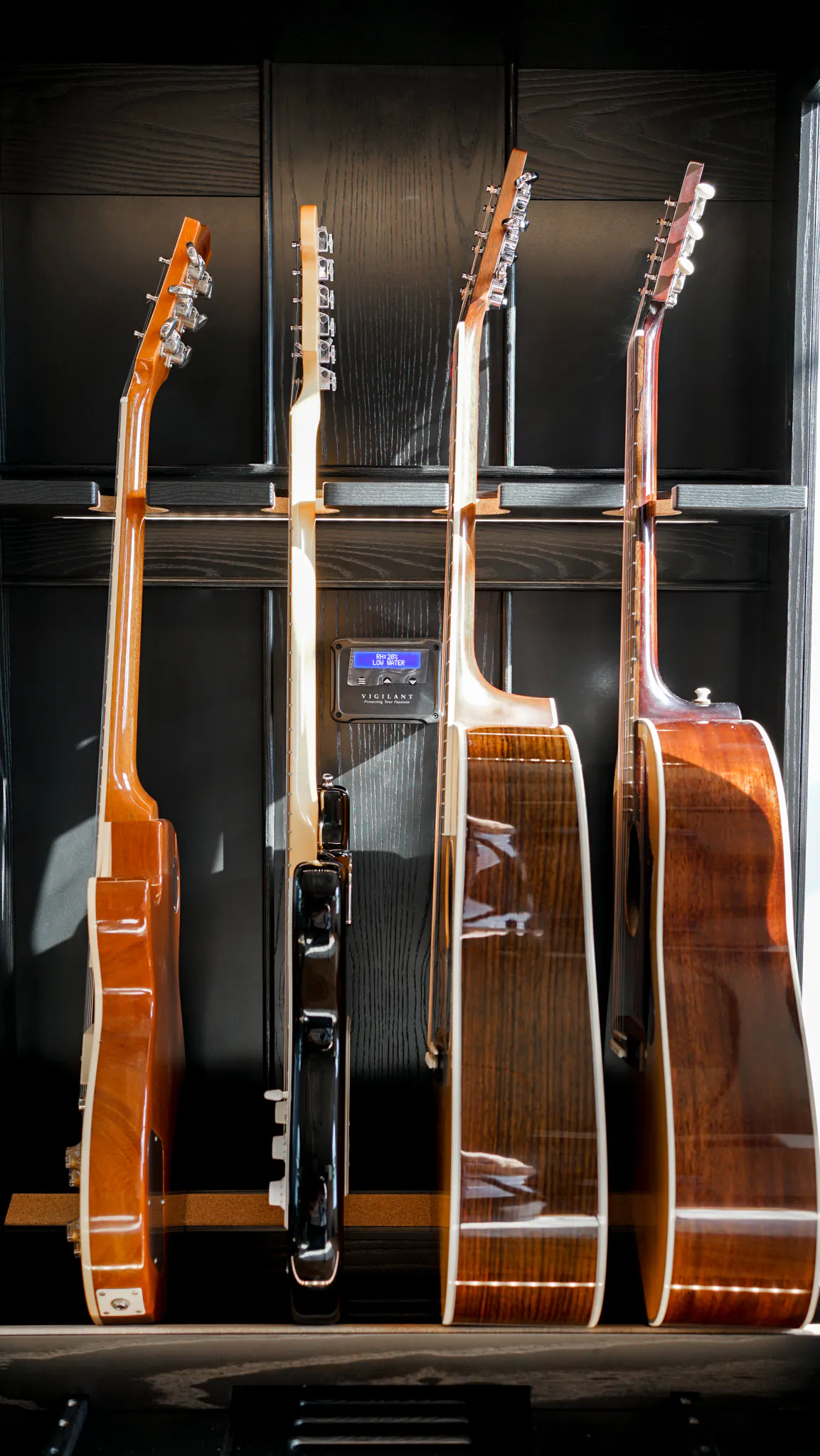 Guitar Habitat, humidified display case cabinet, music room decor. Solid wood, black ash.