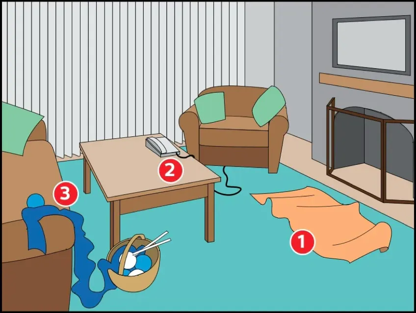 Picture of a living room with items splayed about causing a fall risk