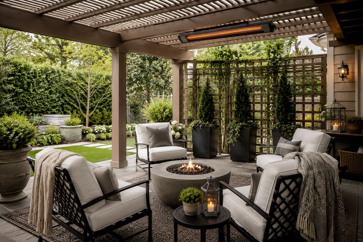 Covered pergola patio with overhead infrared heater, trellis screen, and fire pit