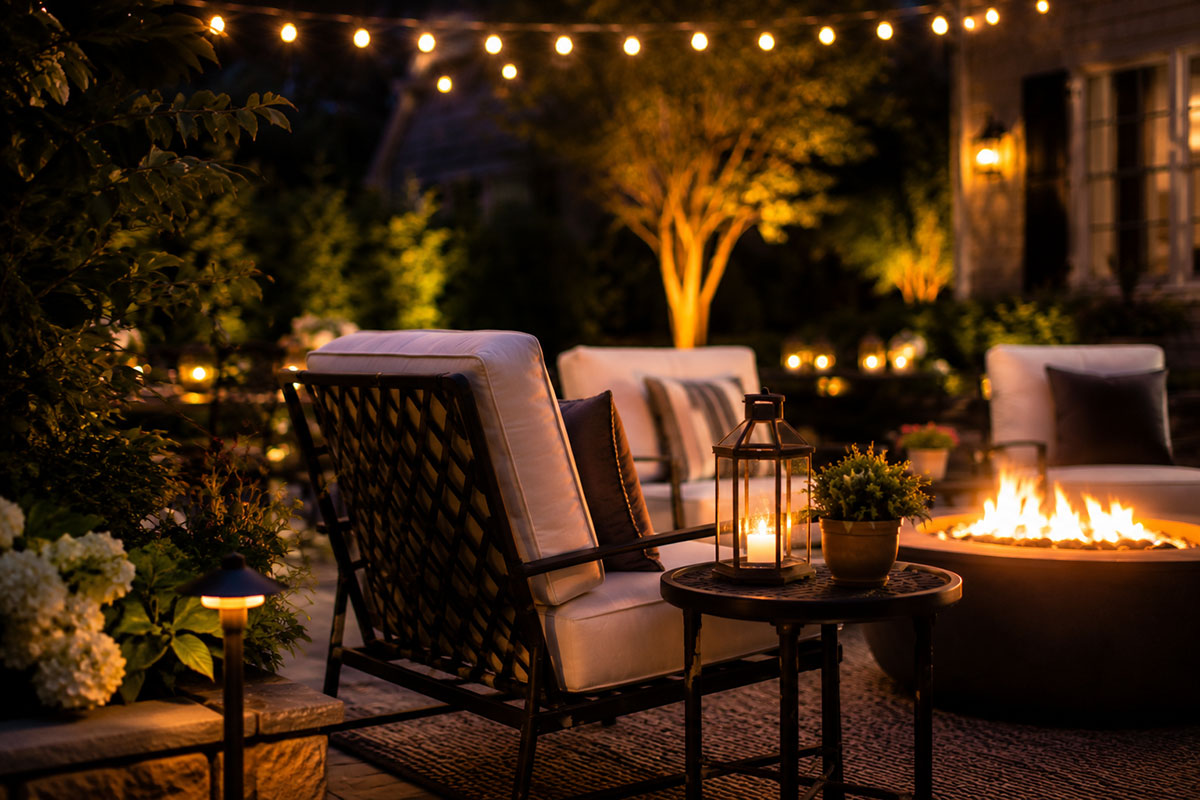 Layered patio lighting with string lights, lantern, path light, and fire pit