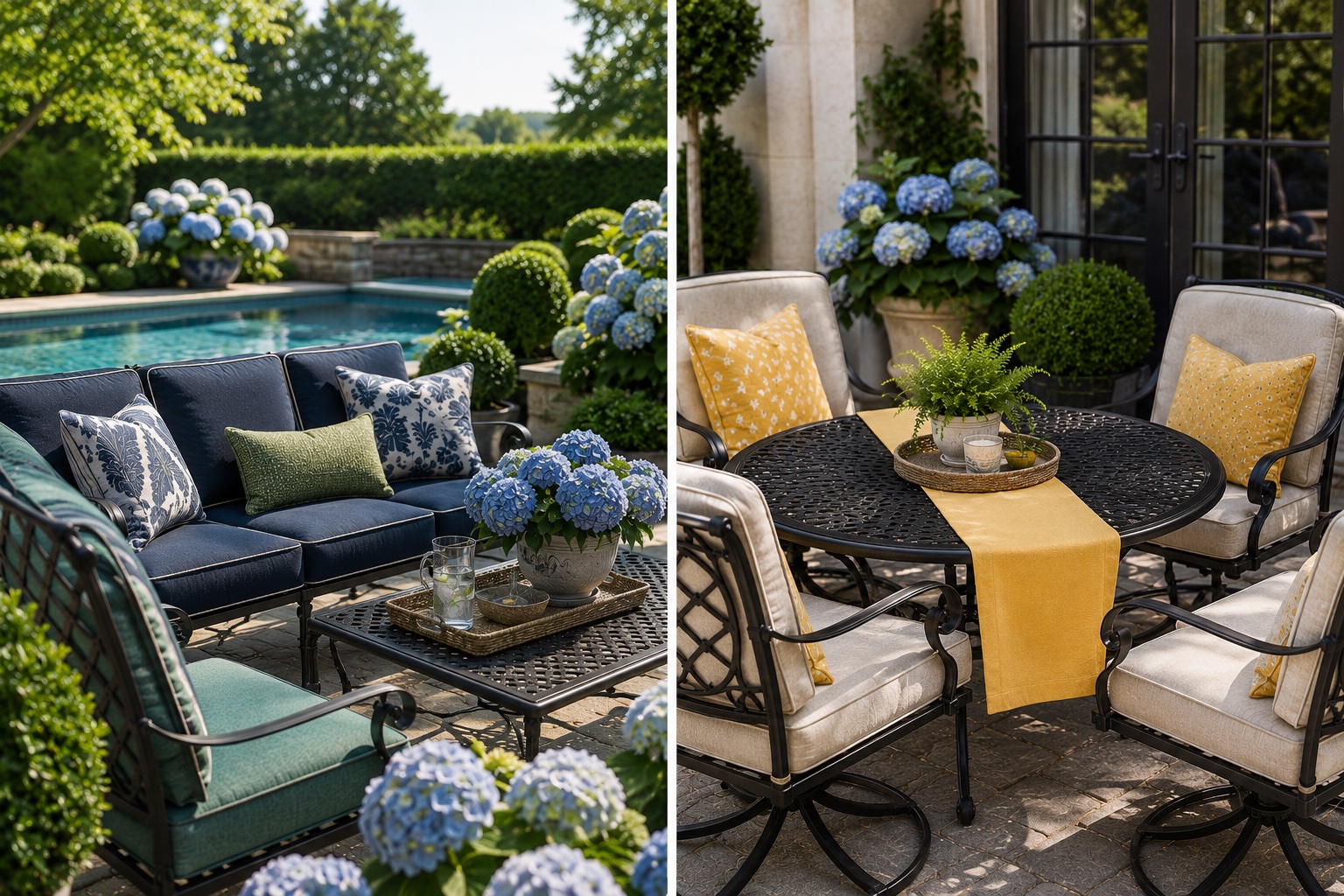 Navy cushioned patio seating by a pool with hydrangeas, and a wrought iron dining set with buttercup yellow pillows and runner