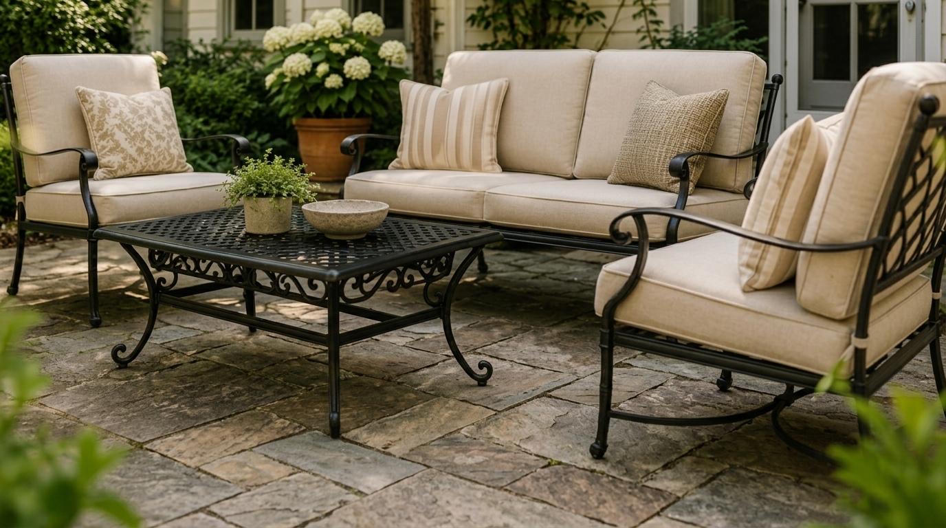 Cast aluminum patio sofa and lounge chairs with cream cushions around a coffee table on a stone patio