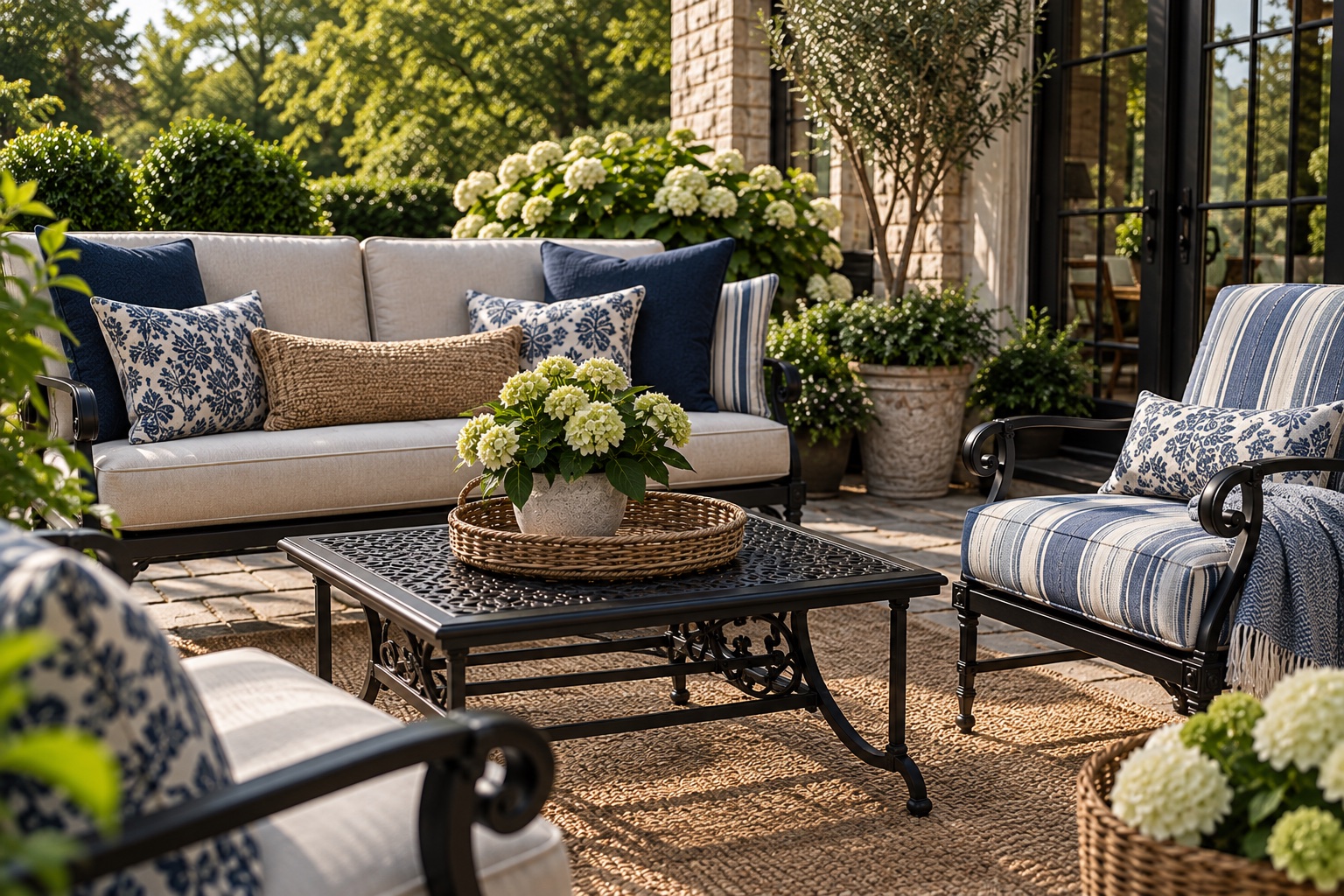 Wrought iron patio seating with solid cream cushions, navy striped and botanical throw pillows, and a woven rug
