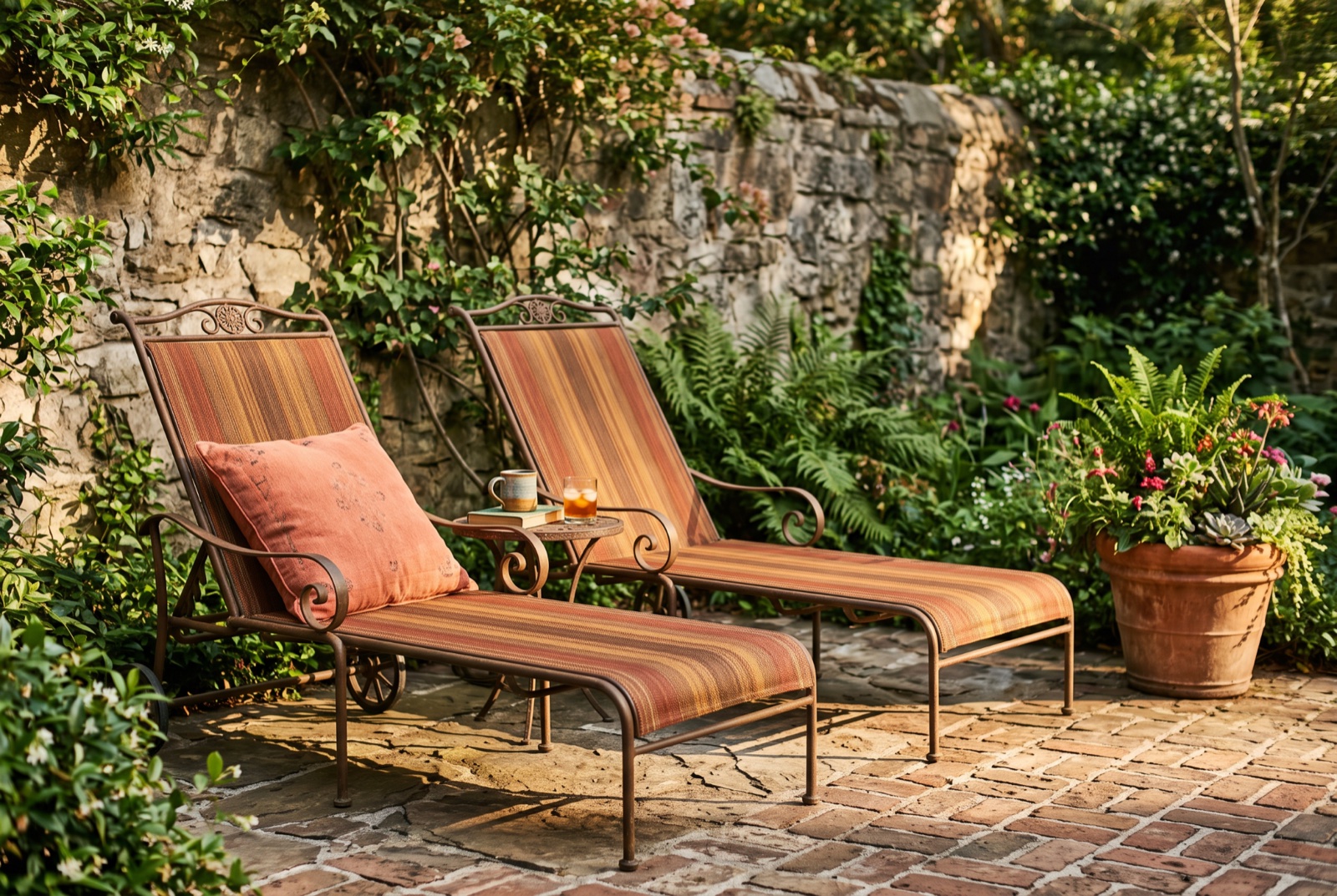 Wrought iron chaise lounges with terracotta striped cushions beside a stone garden wall