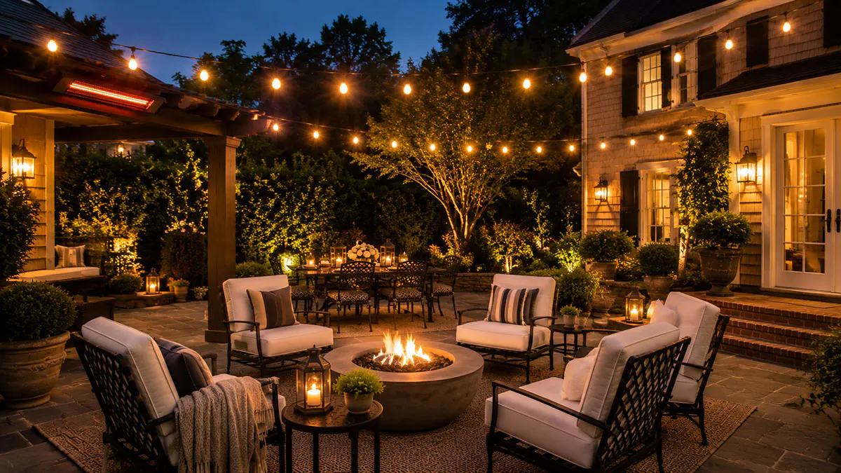 Backyard patio at night with string lights, fire pit, and cushioned wrought iron seating