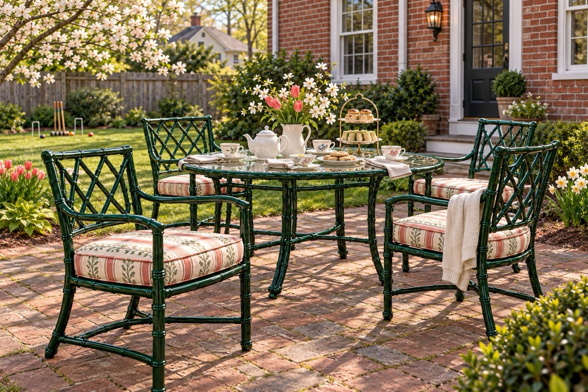 Green cast aluminum dining set with striped cushions set for afternoon tea in a spring garden