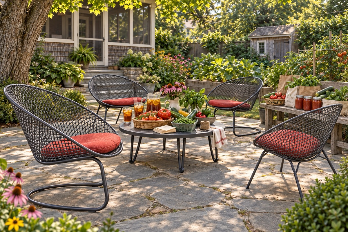 Wire mesh patio chairs with red cushions around a table of fresh garden vegetables