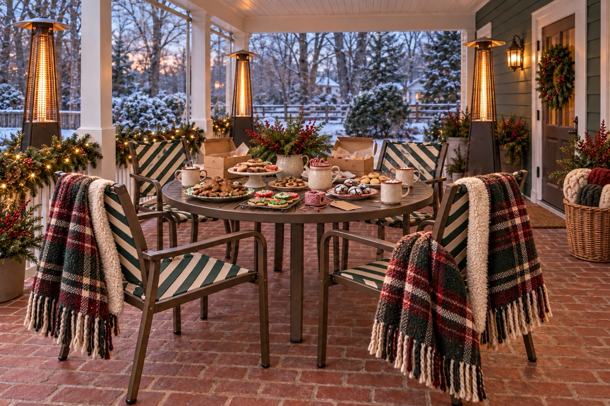 Covered patio dressed for the holidays with a cookie spread, plaid blankets, and patio heaters