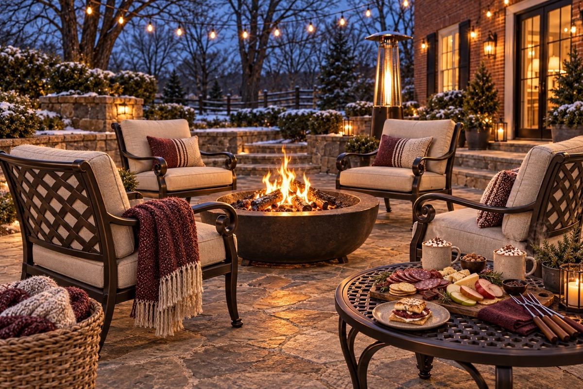 Lounge chairs around a fire pit with a fondue and snack spread, blankets, and patio heaters
