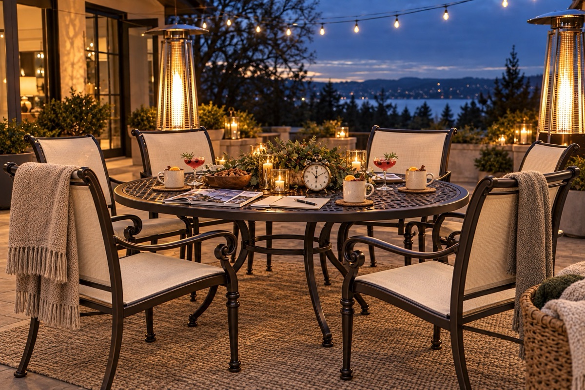 Patio dining set with fire pit, patio heaters, and blankets draped over chairs on a winter evening