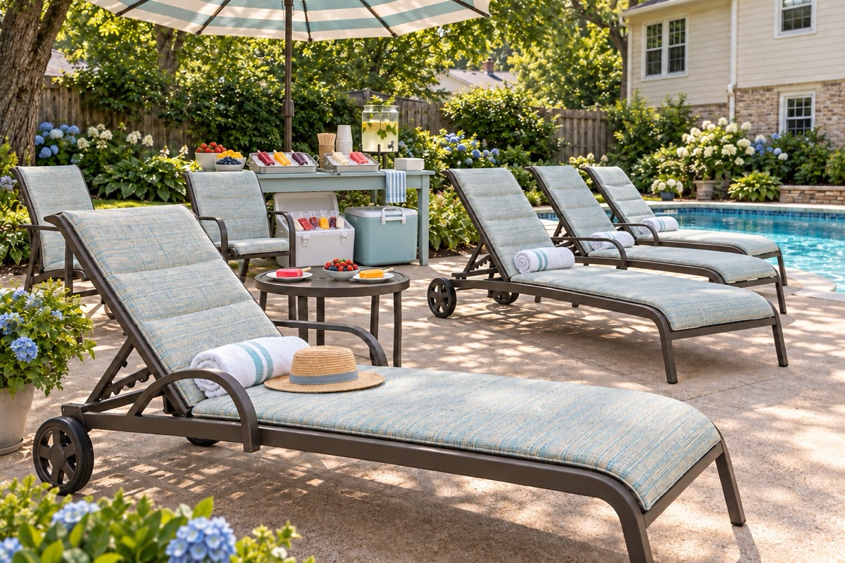 Light blue sling chaise lounges lined up beside a pool with a sun hat and cold drinks