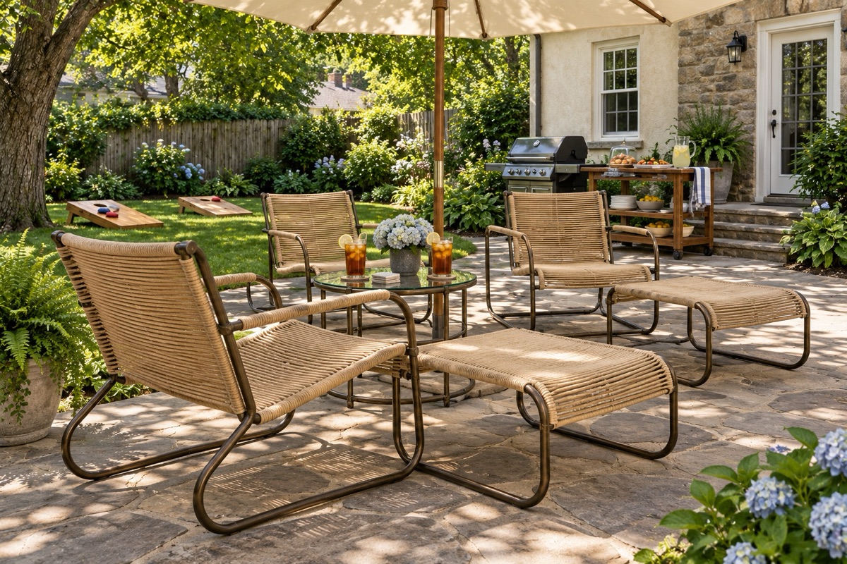 Sling chaise lounges and patio chairs under an umbrella beside a backyard grill