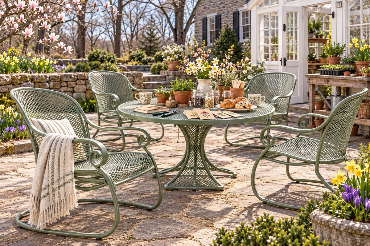 Sage green wrought iron patio set among spring blooms with coffee and pastries on the table