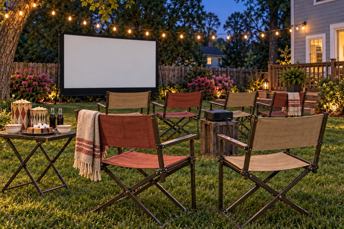 Backyard movie night with a projector screen, folding director chairs, and string lights