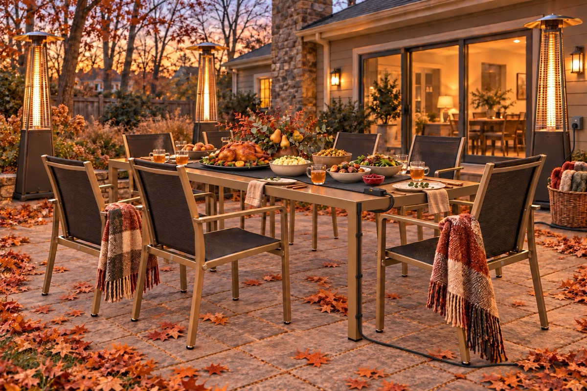 Patio dining table set for Friendsgiving with patio heaters and blankets on the chairs