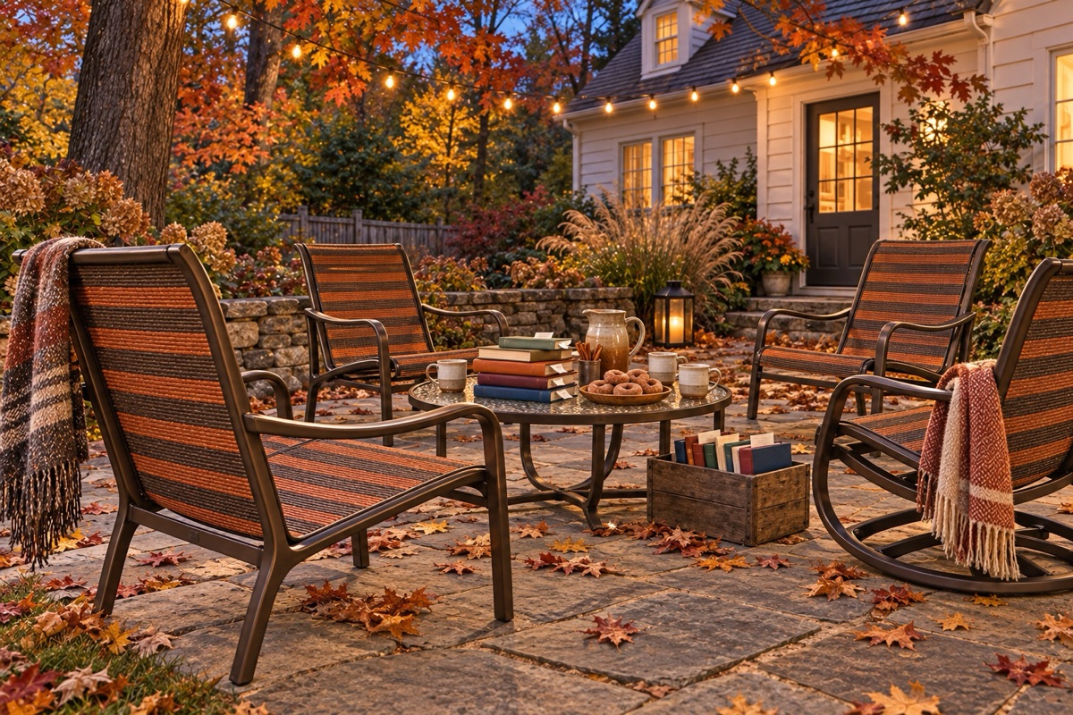 Striped sling chairs and a rocker with plaid blankets on a patio covered in fall leaves