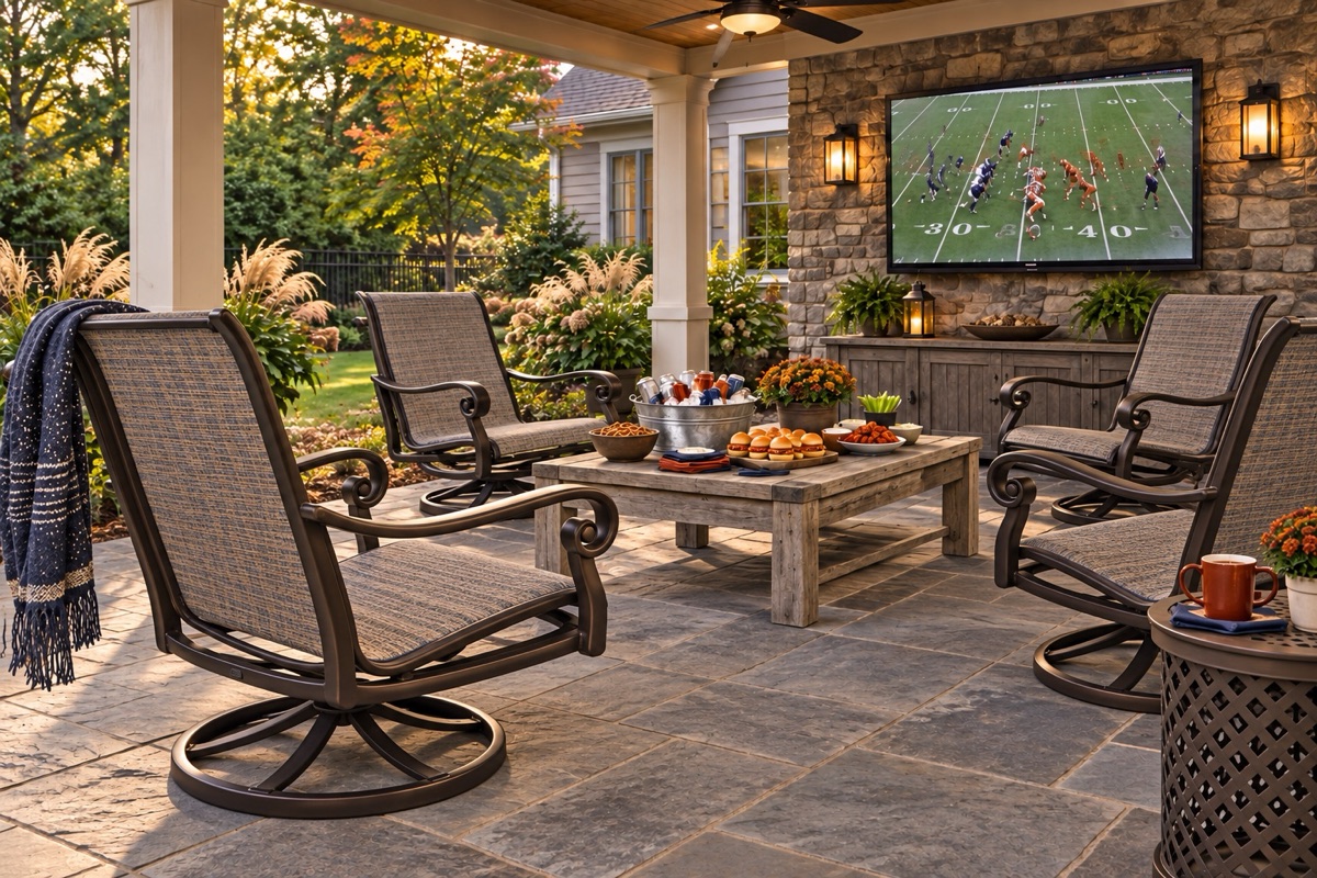 Covered patio with swivel rocker chairs and game day snacks facing an outdoor TV