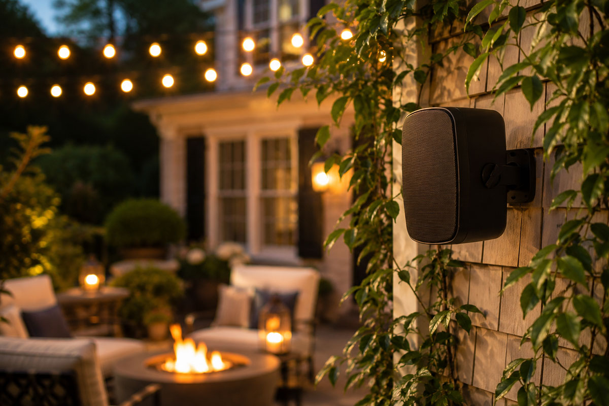 Weatherproof outdoor speaker mounted on a shingled wall beside a patio