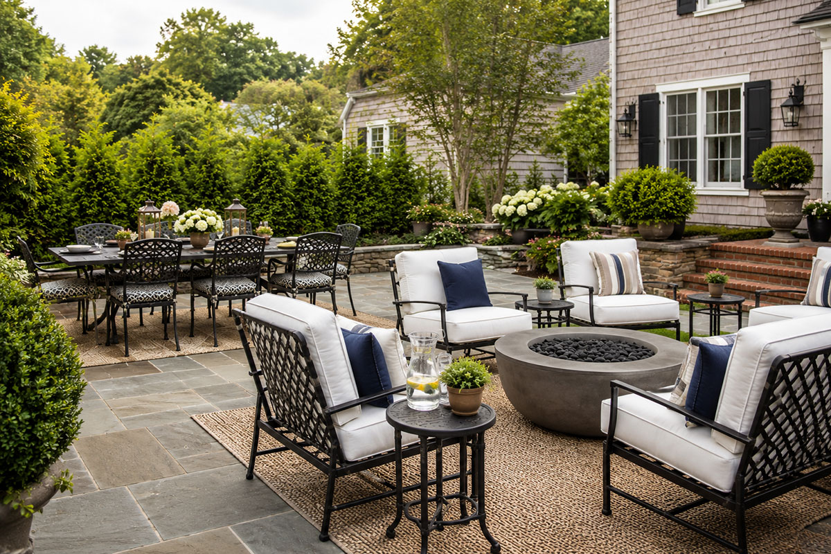 Patio with separate dining and lounge zones, deep seating, and outdoor rug